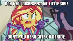 Size: 600x337 | Tagged: safe, edit, edited screencap, screencap, sci-twi, sunset shimmer, twilight sparkle, equestria girls, friendship games, angry, clothes, disney, doctor facilier, exploitable meme, glasses, image macro, meme, song in the comments, song reference, sunset yells at twilight, the princess and the frog