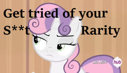 Size: 596x345 | Tagged: safe, screencap, rarity, sweetie belle, pony, unicorn, for whom the sweetie belle toils, grammar error, hub logo, solo