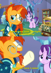 Size: 993x1402 | Tagged: safe, edit, edited screencap, screencap, starlight glimmer, sunburst, pony, unicorn, uncommon bond, mystery science theater 3000, subtitles, that pony sure does love antiques