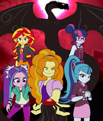 Size: 2550x3005 | Tagged: safe, artist:feroxultrus, adagio dazzle, aria blaze, sci-twi, sonata dusk, sunset shimmer, twilight sparkle, dragon, equestria girls, friendship games, rainbow rocks, black magic, fanfic, gem, red sky, wyvern