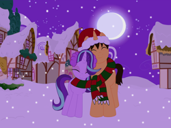 Size: 8000x6000 | Tagged: safe, artist:amalealicorn, artist:cynthiaevans, artist:katnekobase, starlight glimmer, oc, pony, unicorn, absurd resolution, canon x oc, clothes, earmuffs, eyes closed, moon, night, ponyville, scarf, shared clothing, smiling, snow, winter