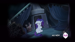 Size: 1366x768 | Tagged: safe, screencap, rarity, pony, spider, unicorn, for whom the sweetie belle toils, bad future, carousel boutique, hub logo, solo