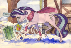 Size: 1024x694 | Tagged: safe, artist:skyaircobra, starlight glimmer, pony, unicorn, box, christmas, clothes, female, glowing horn, holiday, magic, mare, present, scarf, smiling, snow, solo, telekinesis, traditional art, watercolor painting