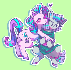 Size: 382x374 | Tagged: safe, artist:njeekyo, maud pie, starlight glimmer, earth pony, pony, unicorn, duo, eyes closed, female, heart, hug, lesbian, shipping, starmaud