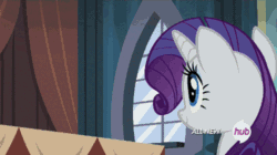 Size: 500x280 | Tagged: safe, screencap, rarity, sapphire shores, pony, unicorn, for whom the sweetie belle toils, animated, hub logo, hubble, shake it baby, the hub