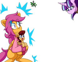 Size: 2000x1600 | Tagged: safe, artist:jake heritagu, scootaloo, starlight glimmer, oc, oc:lightning blitz, pegasus, pony, unicorn, comic:ask motherly scootaloo, baby, baby pony, cloak, clothes, colt, female, hairpin, holding a pony, male, mistletoe, mother and child, mother and son, motherly scootaloo, offspring, older, older scootaloo, parent and child, parent:rain catcher, parent:scootaloo, parents:catcherloo, simple background, sweatshirt, transparent background