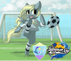 Size: 935x804 | Tagged: safe, derpy hooves, pony, /mlp/, 4chan, 4chan cup, bipedal, clothes, featureless crotch, football, goalie, kicking, leg warmers, open mouth, patch, safest hooves, smiling, solo, underhoof