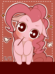 Size: 600x800 | Tagged: safe, artist:umeguru, pinkie pie, earth pony, pony, :3, blushing, floppy ears, head tilt, leaning, looking at you, pocky, smiling, solo