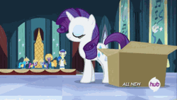Size: 576x324 | Tagged: safe, screencap, blue cutie, foxxy trot, rarity, sapphire shores, sweetie belle, pony, unicorn, for whom the sweetie belle toils, animated, box, hub logo, hubble, the hub