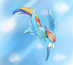 Size: 3953x3517 | Tagged: safe, artist:drawbauchery, derpibooru import, rainbow dash, pegasus, pony, female, flying, looking down, mare, sky, solo, tongue out, wings