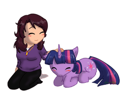 Size: 900x720 | Tagged: safe, artist:funakounasoul, derpibooru import, twilight sparkle, human, blushing, cute, eyes closed, kneeling, necklace, petting, prone, simple background, smiling, transparent background