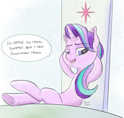Size: 2400x2296 | Tagged: safe, artist:firimil, starlight glimmer, pony, unicorn, arm behind head, chair, dialogue, female, friendship throne, mare, s5 starlight, sitting, smiling, solo, speech, underhoof, welcome home twilight
