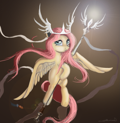 Size: 805x820 | Tagged: safe, artist:auroriia, fluttershy, pegasus, pony, crown, glow, magic, solo, staff