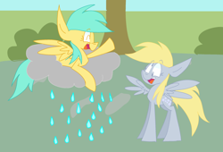 Size: 1024x696 | Tagged: safe, artist:dizzee-toaster, derpy hooves, sunshower raindrops, pegasus, pony, cloud, female, mare, rain