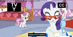 Size: 1366x705 | Tagged: safe, screencap, rarity, sweetie belle, pony, unicorn, for whom the sweetie belle toils, meme, youtube caption