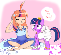 Size: 2538x2281 | Tagged: safe, artist:theghostlyartist, derpibooru import, twilight sparkle, human, clothes, dress, duckface, princess tutu, sitting