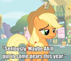 Size: 831x715 | Tagged: safe, edit, edited screencap, screencap, applejack, earth pony, pony, cropped, female, food, heresy, image macro, lidded eyes, looking down, mare, pear, sad, solo, unhapplejack