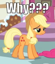 Size: 435x499 | Tagged: safe, edit, edited screencap, screencap, applejack, earth pony, pony, image macro, solo, unhapplejack