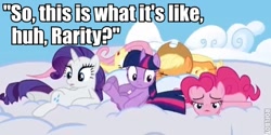 Size: 526x262 | Tagged: safe, applejack, fluttershy, pinkie pie, rarity, twilight sparkle, earth pony, pegasus, pony, unicorn, image macro, marshmallow