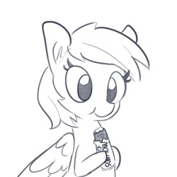 Size: 1650x1650 | Tagged: safe, artist:tjpones, derpibooru import, rainbow dash, pegasus, pony, chocolate bar, ear fluff, eating, female, grayscale, hoof hold, mare, monochrome, mounds, simple background, solo, white background