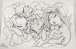 Size: 1280x822 | Tagged: safe, artist:heilos, adagio dazzle, aria blaze, sonata dusk, sunset shimmer, pony, equestria girls, cute, equestria girls ponified, ponified, pony pile, sketch, sleeping, the dazzlings