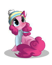 Size: 2400x3000 | Tagged: safe, artist:lolepopenon, pinkie pie, earth pony, pony, beanie, blushing, clothes, cute, diapinkes, hat, looking up, red nosed, scarf, simple background, sitting, smiling, solo, transparent background