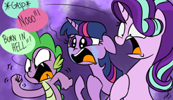 Size: 1214x700 | Tagged: safe, artist:emositecc, spike, starlight glimmer, twilight sparkle, dragon, pony, unicorn, angry, crying, dialogue, exploitable meme, female, gasp, male, mare, meme, open mouth, shocked, trio