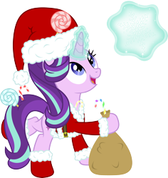 Size: 2907x3077 | Tagged: safe, artist:livehotsun, starlight glimmer, pony, unicorn, candy, candy cane, christmas, clothes, costume, cute, female, food, glimmerbetes, glowing horn, hat, high res, holiday, magic, mare, sack, santa costume, santa hat, santa sack, simple background, snow, snowflake, solo, telekinesis, transparent background, vector