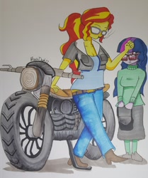 Size: 1024x1226 | Tagged: safe, artist:missmayaleanne, sci-twi, sunset shimmer, twilight sparkle, equestria girls, 50s, cigarette, clothes, female, glasses, lesbian, motorcycle, pants, scitwishimmer, shipping, smoking, sunsetsparkle, traditional art