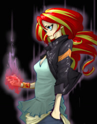 Size: 1000x1280 | Tagged: safe, artist:ddd1983, sunset shimmer, equestria girls, clothes, dark magic, magic, pants, solo