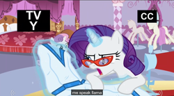 Size: 1064x588 | Tagged: safe, screencap, rarity, sweetie belle, llama, pony, unicorn, for whom the sweetie belle toils, hulk speak, meme, possible racism, youtube caption