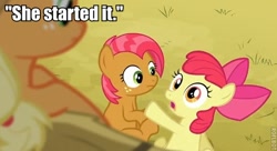 Size: 604x328 | Tagged: safe, apple bloom, applejack, babs seed, earth pony, pony, female, image macro, mare