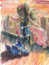 Size: 720x960 | Tagged: safe, artist:explonova, fluttershy, pegasus, pony, captain falcon, city, cityscape, clothes, costume, crossover, traditional art