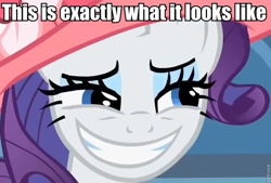 Size: 728x493 | Tagged: safe, edit, edited screencap, screencap, rarity, pony, unicorn, sweet and elite, close-up, image macro, meme, rapeface, slasher smile, smiling, solo