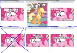 Size: 830x573 | Tagged: safe, applejack, pinkie pie, earth pony, pony, exploitable meme, juxtaposition, juxtaposition win