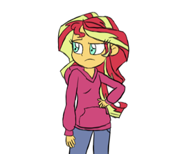 Size: 1148x1024 | Tagged: safe, artist:starlightflopple, sunset shimmer, equestria girls, clothes, frown, hoodie, simple background, solo