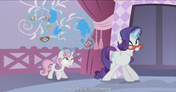 Size: 1439x762 | Tagged: safe, screencap, rarity, sweetie belle, pony, unicorn, for whom the sweetie belle toils, meme, youtube caption