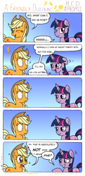 Size: 1890x3895 | Tagged: safe, artist:redapropos, applejack, twilight sparkle, unicorn twilight, earth pony, pony, unicorn, bedroom eyes, blushing, comic, dialogue, exclamation point, eye contact, female, grin, hat, lesbian, looking at each other, mare, one eye closed, open mouth, prostitution, simple background, smiling, speech bubble, surprised, text, twijack, wide eyes, wink