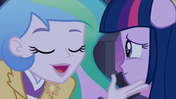 Size: 1366x768 | Tagged: safe, screencap, princess celestia, principal celestia, twilight sparkle, equestria girls, cutie mark accessory, eyes closed, open mouth