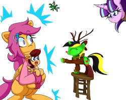 Size: 1280x1024 | Tagged: safe, artist:jake heritagu, scootaloo, starlight glimmer, oc, oc:jazz, oc:lightning blitz, pegasus, pony, unicorn, comic:ask motherly scootaloo, 3d, antlers, baby, baby pony, cloak, clothes, colt, exploitable meme, female, hairpin, holding a pony, ladder, male, meme, mistletoe, mistletoe meme, mother and child, mother and son, motherly scootaloo, offspring, older, older scootaloo, parent and child, parent:rain catcher, parent:scootaloo, parents:catcherloo, red nose, reindeer antlers, simple background, sweatshirt, transparent background