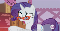 Size: 1439x762 | Tagged: safe, screencap, rarity, pony, unicorn, for whom the sweetie belle toils, hub logo, meme, solo, youtube caption