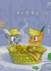 Size: 858x1200 | Tagged: safe, artist:onkelscrut, applejack, derpy hooves, earth pony, pony, bread, cute, derpabetes, feather, filly, food, jackabetes, younger