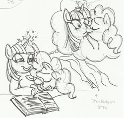 Size: 1229x1169 | Tagged: safe, artist:enigmaticfrustration, derpibooru import, pinkie pie, twilight sparkle, earth pony, pony, blanket, blushing, book, female, glowing horn, hug, kissing, lesbian, nuzzling, shipping, sketch, sleeping, thought bubble, traditional art, twinkie