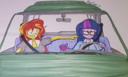 Size: 1024x623 | Tagged: safe, artist:missmayaleanne, sci-twi, sunset shimmer, twilight sparkle, equestria girls, car, clothes, driving, female, glasses, lesbian, scitwishimmer, seatbelt, shipping, sunsetsparkle, terrified, traditional art, vehicle