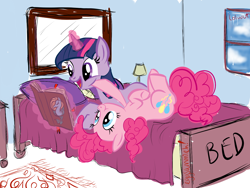 Size: 1280x960 | Tagged: safe, artist:eggsammich, derpibooru import, pinkie pie, twilight sparkle, earth pony, pony, :t, bed, bedroom, blanket, book, boop, cute, female, lamp, lesbian, magic, on back, open mouth, pillow, poking, reading, scrunchy face, shipping, smiling, squishy, squishy cheeks, telekinesis, twinkie, upside down, window