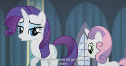 Size: 1439x761 | Tagged: safe, screencap, rarity, sweetie belle, pony, unicorn, for whom the sweetie belle toils, meme, youtube caption