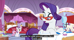 Size: 637x350 | Tagged: safe, screencap, rarity, sweetie belle, pony, unicorn, for whom the sweetie belle toils, hub logo, meme, vulgar, youtube caption