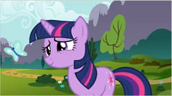 Size: 1260x703 | Tagged: safe, artist:acuario1602, derpibooru import, twilight sparkle, butterfly, nature, smiling