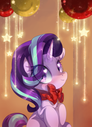 Size: 1311x1819 | Tagged: safe, artist:loyaldis, starlight glimmer, pony, unicorn, blushing, bow, chest fluff, christmas, cute, female, glimmerbetes, glowing horn, happy, heart eyes, holiday, horn, looking at you, mare, ornament, ribbon, sitting, smiling, solo, sparkles, stars, wingding eyes