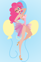 Size: 1000x1500 | Tagged: safe, artist:missmaquarie, pinkie pie, human, clothes, corset, high heels, humanized, light skin, pinup, solo